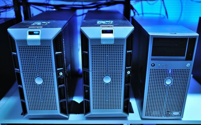 Close-up view of modern rack-mounted server units in a data center.